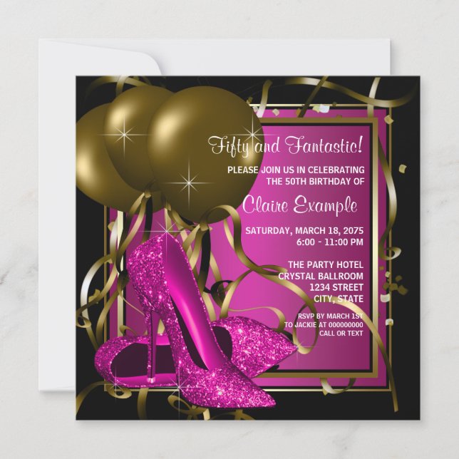 Invitation Magenta Black Gold Chaussure talon fête d'annivers (Devant)