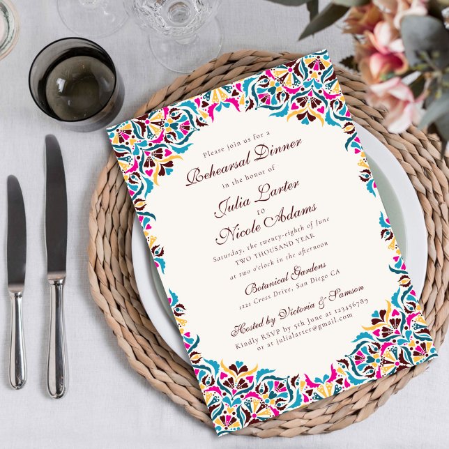 Invitation Magenta Bleu Fantaisiste Floral Dîner de Répétitio (Créateur téléchargé)