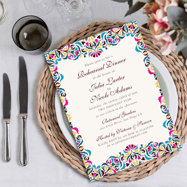 Invitation Magenta Bleu Fantaisiste Floral Dîner de Répétitio (Créateur téléchargé)