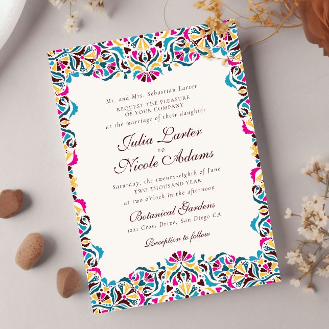 Invitation Magenta Bleu Jaune Fantaisiste Floral Mariage (Créateur téléchargé)