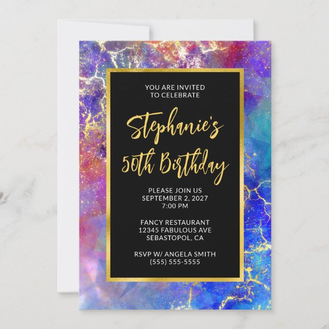 Invitation Magenta Bleu Royal Or Feu Opale 50e Anniversaire (Devant)