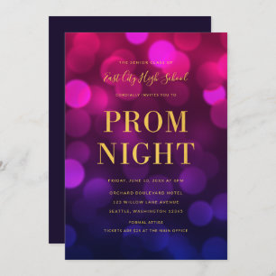 Invitation Magenta Blue Bokeh Lights Gold High School Prom