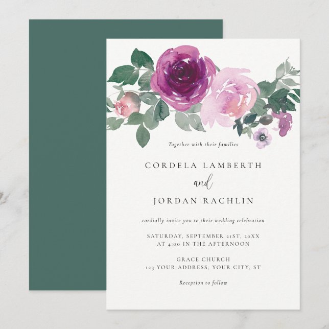 Invitation Magenta Blush Floral Arrangement Ivory Wedding (Devant / Derrière)