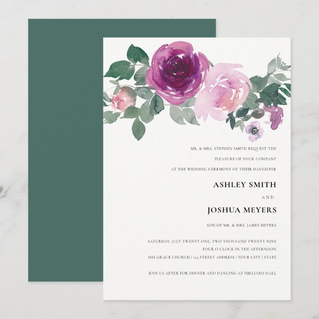 Invitation Magenta Blush Watercolor Floral Ivory Wedding (Devant / Derrière)