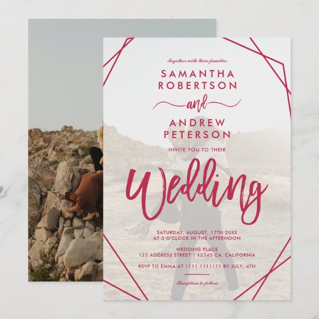 Invitation Magenta boho cadre simple script photo mariage (Devant / Derrière)