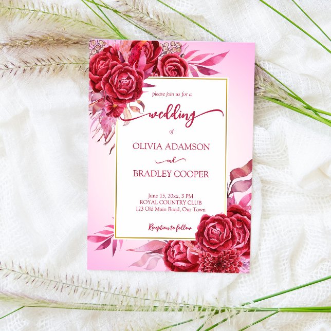 Invitation Magenta crimson fleurs bordeaux rose pink ombre (Créateur téléchargé)