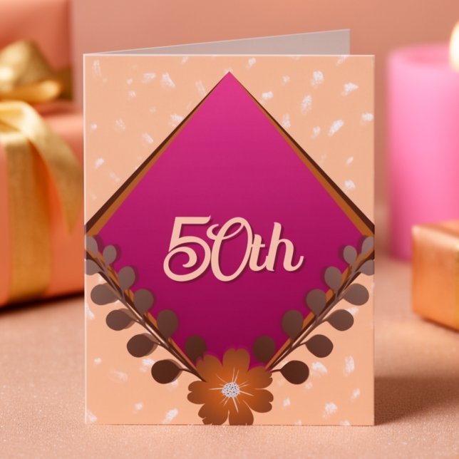 Invitation Magenta Diamant avec Feuilles Anniversaire  I (Peach, magenta, and bronze. A bold 50th invitation with customizable text and festive floral accents)