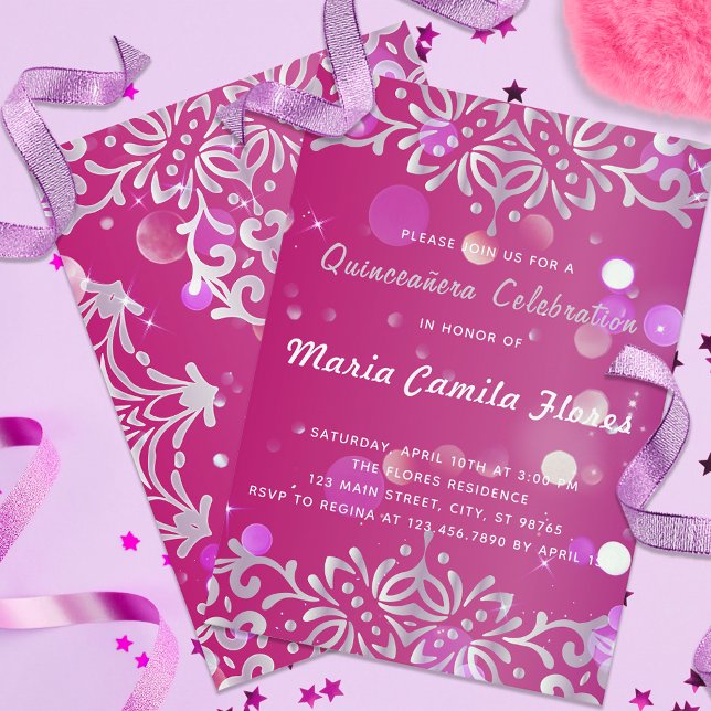 Invitation Magenta Et Argent Élégant Chimmery Quinceañera (Créateur téléchargé)