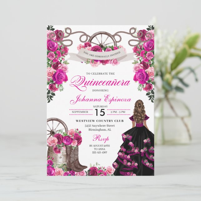 Invitation Magenta et cowgirl noire Quinceanera occidentale (Debout devant)