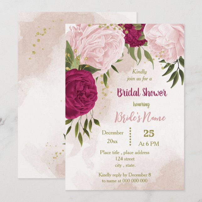 Invitation magenta fleurs roses vert feuille douche nuptiale (Devant / Derrière)