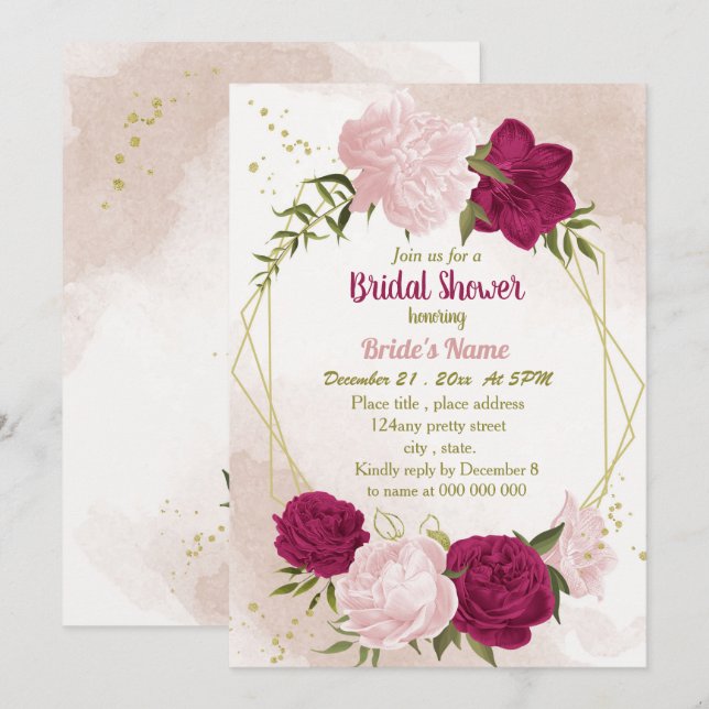 Invitation magenta fleurs roses vert feuille douche nuptiale (Devant / Derrière)