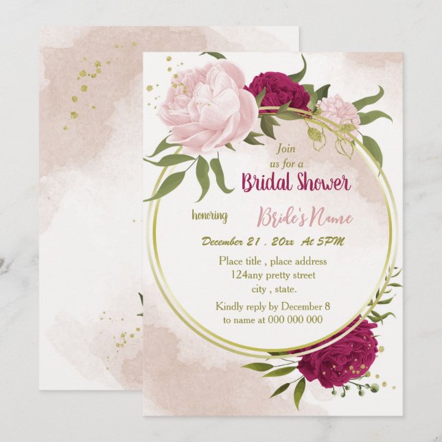 Invitation magenta fleurs roses vert feuille douche nuptiale (Devant / Derrière)
