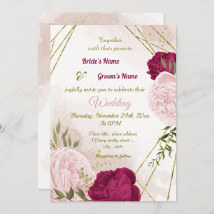 Invitation magenta fleurs roses vert feuille mariage