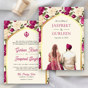 Invitation Magenta Floral Punjabi Anand Karaj Sikh Mariage