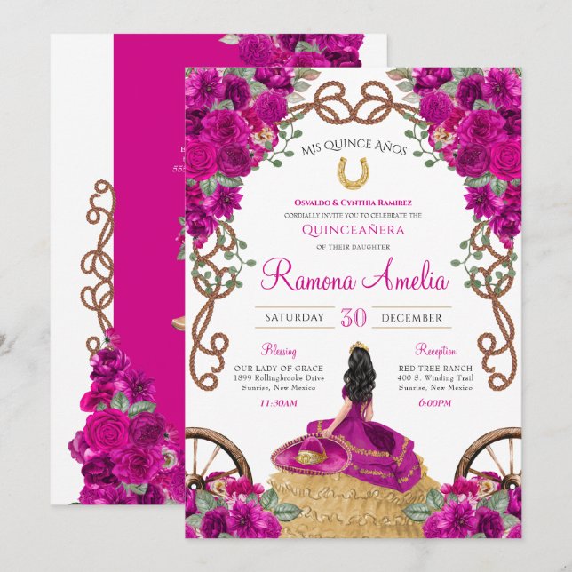 Invitation Magenta Fuchsia Rose Floral Ouest Quinceañera (Devant / Derrière)