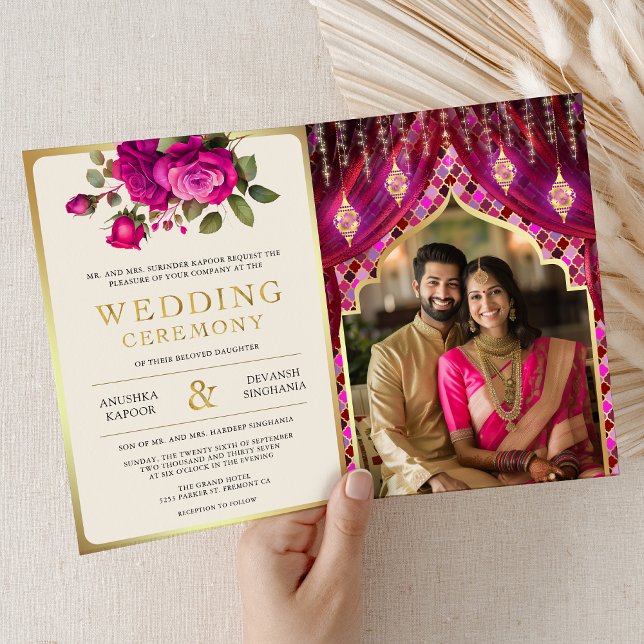 Invitation Magenta Gold Rideau Floral Mariage indien hindou (Créateur téléchargé)