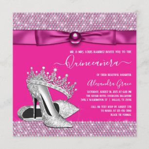 Invitation Magenta Hot rose Diamond Tiara Shoe Quinceanera
