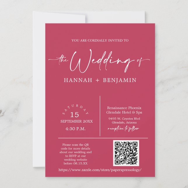 Invitation Magenta Minimal Script Mariage Arc QR Code photo (Devant)