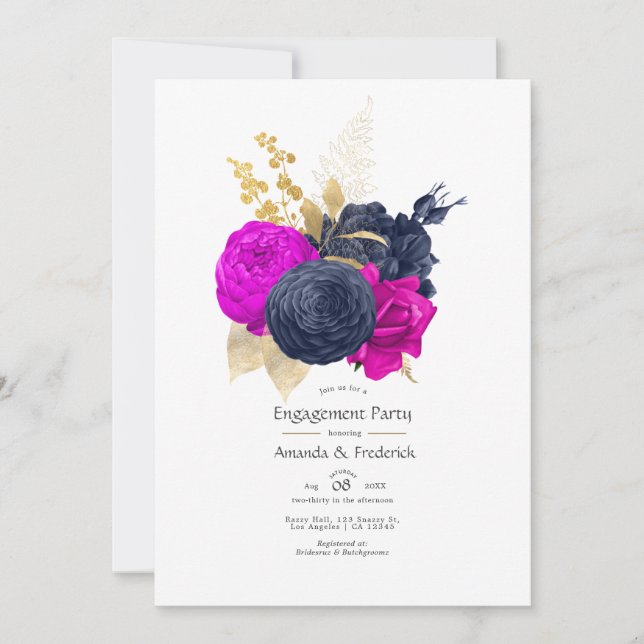 Invitation Magenta Navy et Or Fleurie Fête de Fiançailles (Devant)
