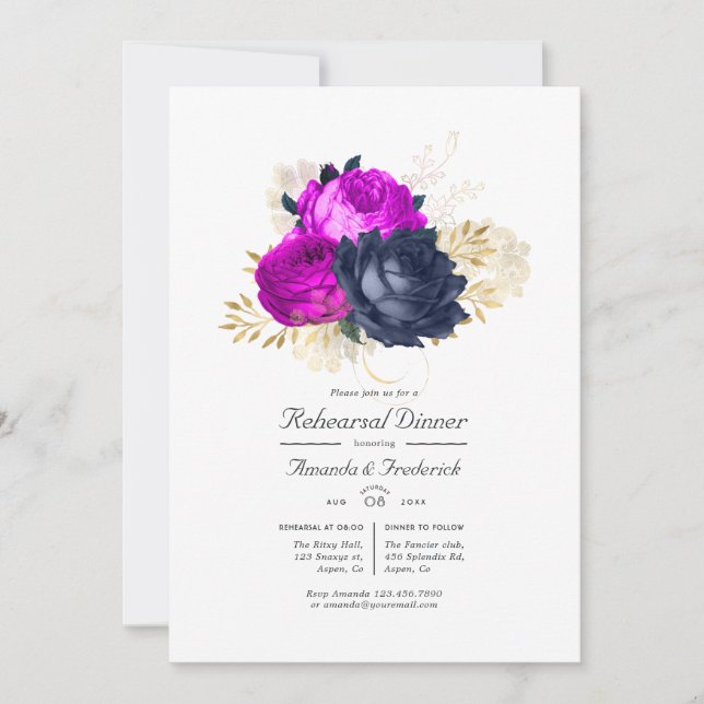 Invitation Magenta Navy et Or Floral Dîner de Répétition (Devant)