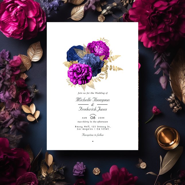Invitation Magenta Navy et or Floral Mariage QR Code Rsvp (Créateur téléchargé)