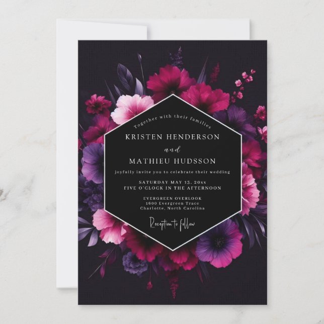 Invitation Magenta Noir Bloom Wedding (Devant)