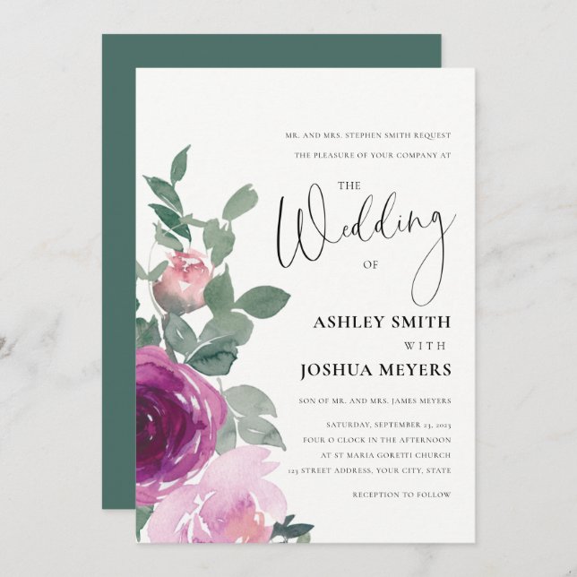 Invitation Magenta Pink Blush Floral Roses Ivory Wedding (Devant / Derrière)