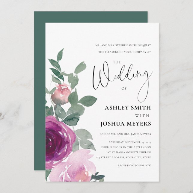 Invitation Magenta Pink Blush Pink Floral Roses Wedding (Devant / Derrière)