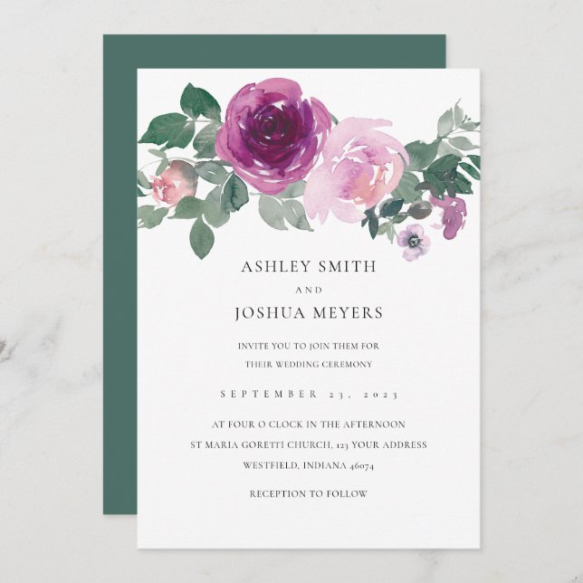 Invitation Magenta Pink Floral White Leaf Green Wedding (Devant / Derrière)