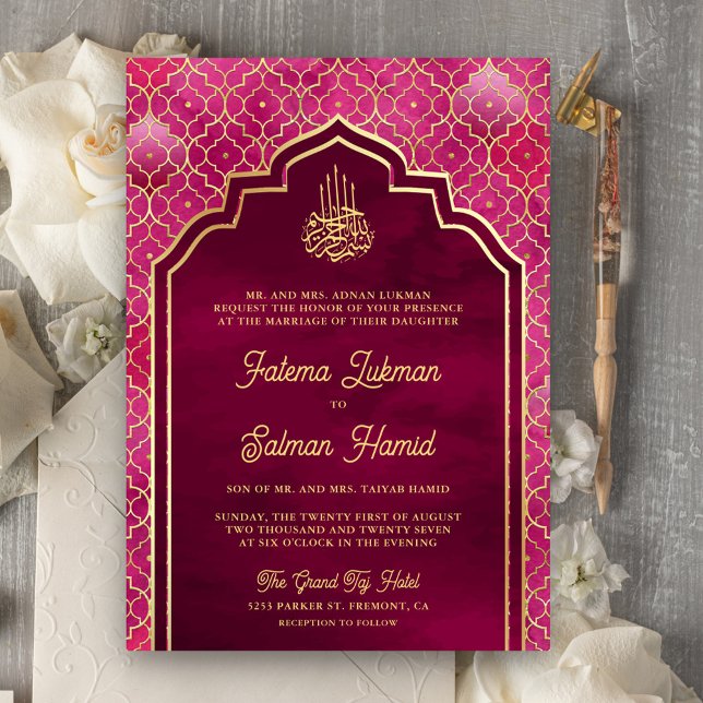 Invitation Magenta Pink Gold Arch Marocain Mariage musulman (Créateur téléchargé)