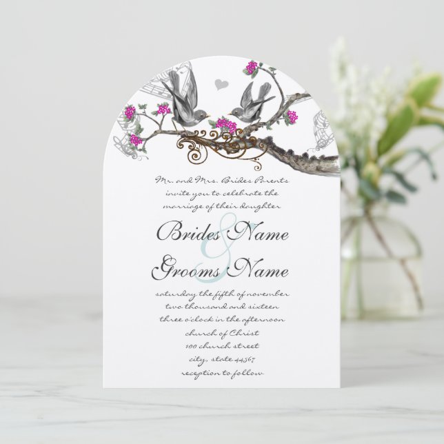 Invitation Magenta Pink & Grey Oiseaux Vintages Mariage fores (Debout devant)
