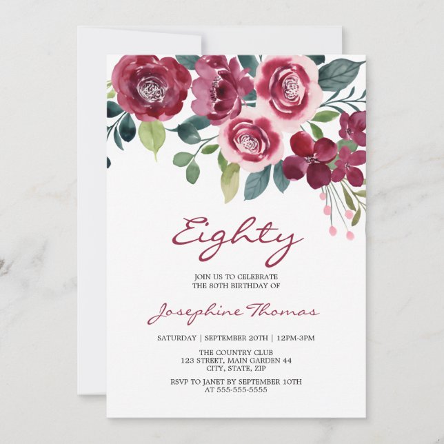 Invitation Magenta Pink Rose Floral Botanical Birthday (Devant)