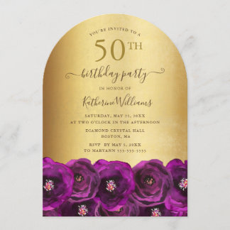 Invitation Magenta Pink Rose Floral Gold 50th Birthday Party