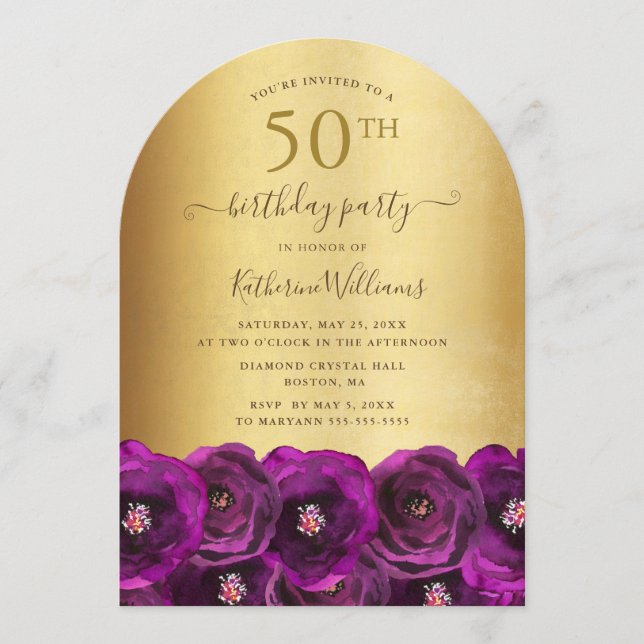 Invitation Magenta Pink Rose Floral Gold 50th Birthday Party (Devant)