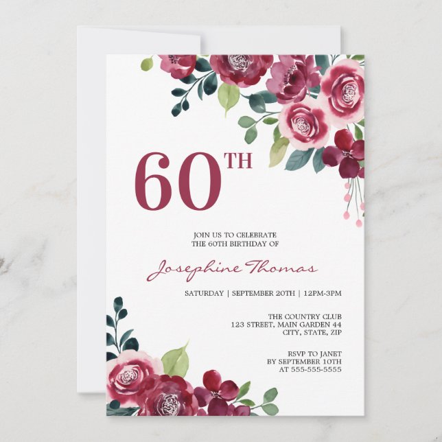 Invitation Magenta Pink Rose Floral Greenery Birthday (Devant)