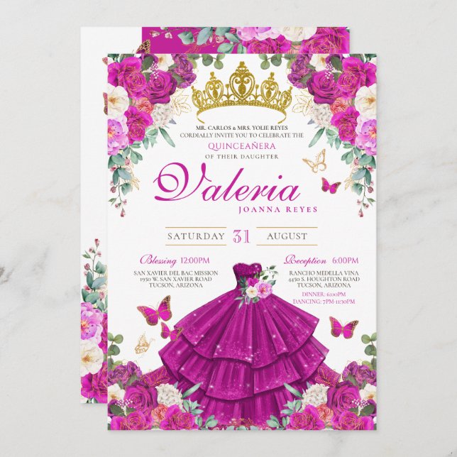 Invitation Magenta Purple Papillon rose Princesse Quinceañera (Devant / Derrière)