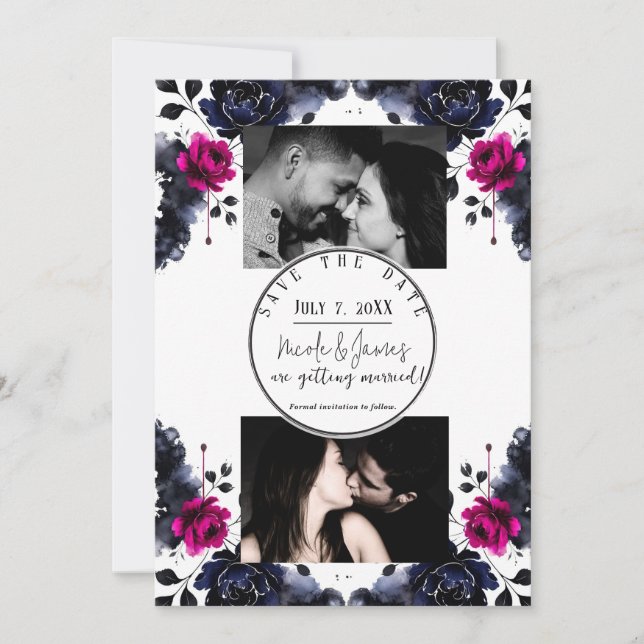 Invitation Magenta Rose Bleu Encre Florale Aquarelle Sauvegar (Devant)