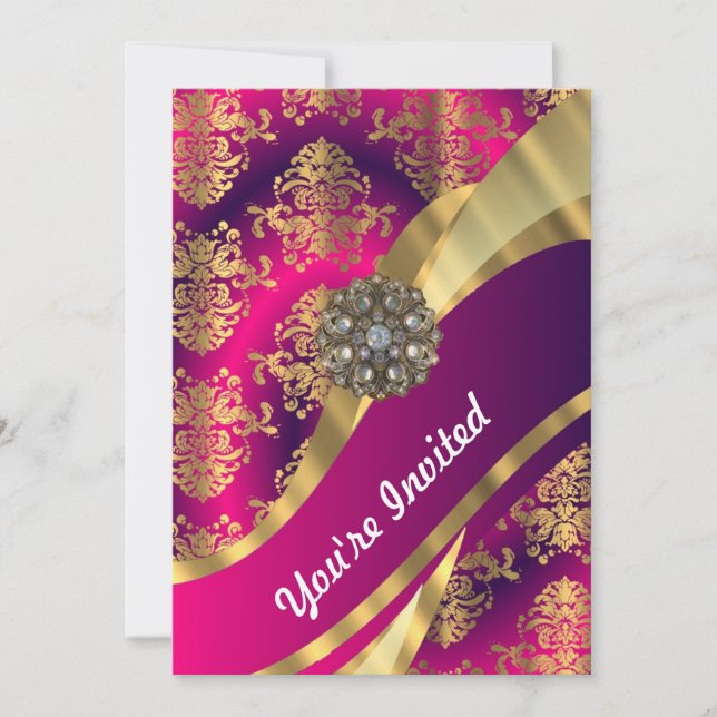 Invitation Magenta rose chaud et damas or (Devant)
