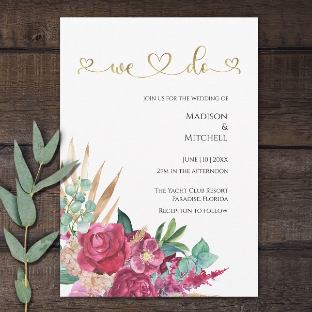 Invitation Magenta Rose Chaud Floral Élégant Script Or Cœurs (Créateur téléchargé)