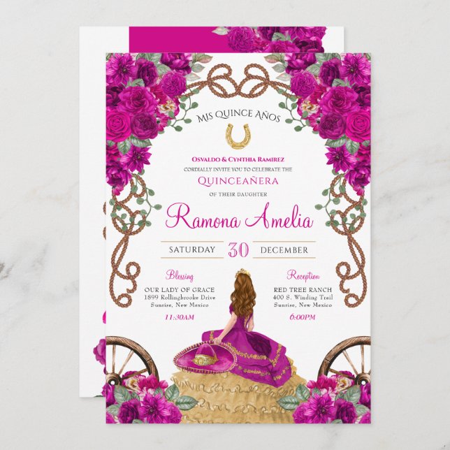 Invitation Magenta rose chaud Floral Ouest Charro Quinceanera (Devant / Derrière)