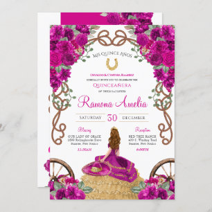 Invitation Magenta rose chaud Floral Ouest Charro Quinceanera