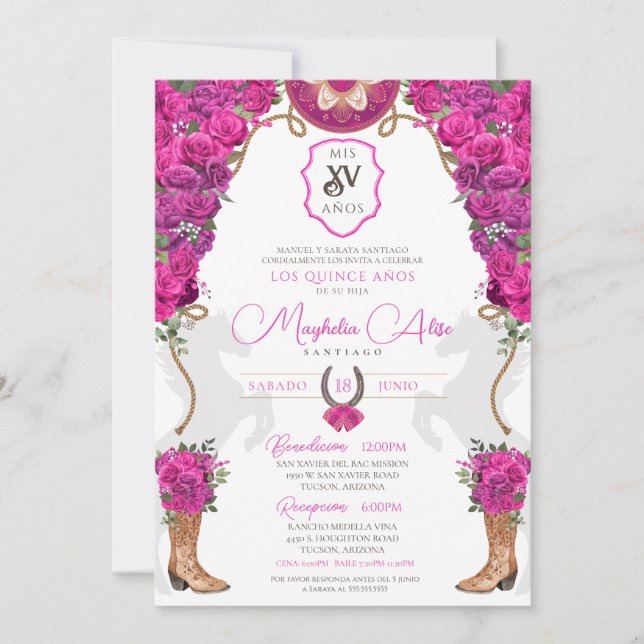 Invitation Magenta rose chaud Floral Ouest Charro Quinceañera (Devant)