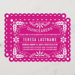 Invitation Magenta rose et blanc papillon picado Quinceañera
