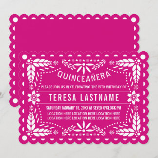 Invitation Magenta rose et blanc papillon picado Quinceañera