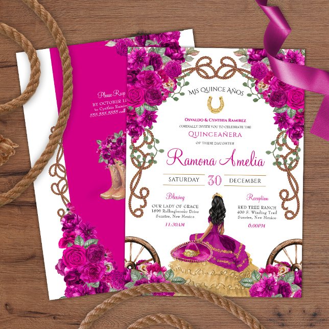 Invitation Magenta rose Floral Ouest Charra Quinceañera (Créateur téléchargé)