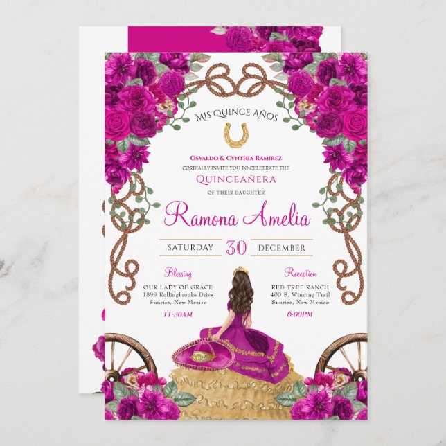 Invitation Magenta rose Floral Ouest Charro Quinceanera (Devant / Derrière)