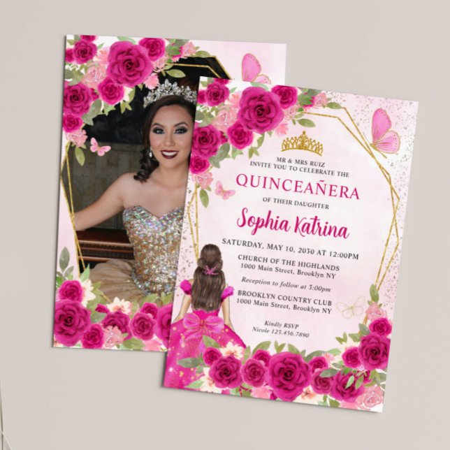 Invitation Magenta rose Floral Princesse Quinceañera Photo (Créateur téléchargé)