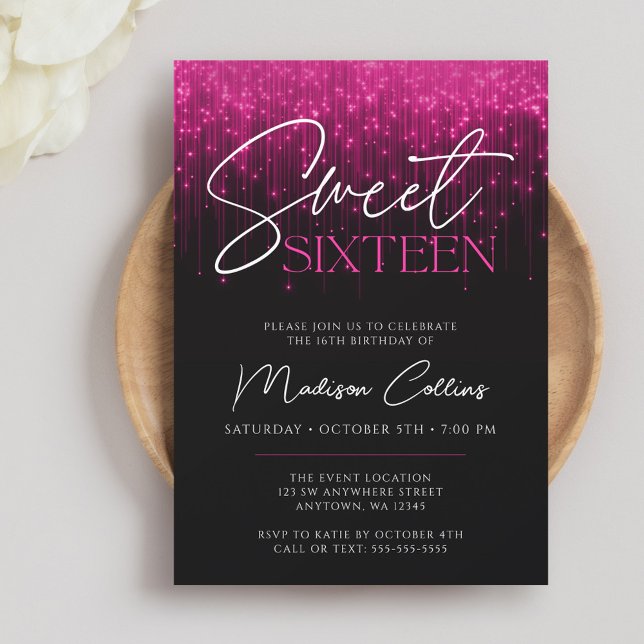 Invitation Magenta Rose Lumières Noir Sweet 16 (Créateur téléchargé)