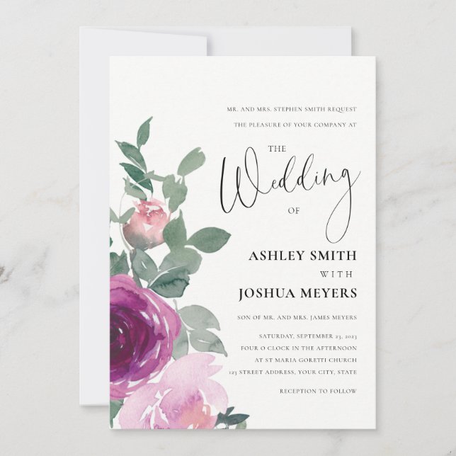 Invitation Magenta Rose Pâle Fleurs Roses Roses Blanches Mari (Devant)