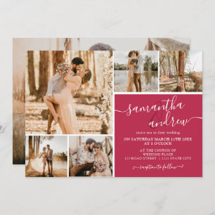 Invitation Magenta script moderne 6 photos mariage